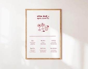 Open Bar and Open Hearts Wedding Sign | Illustrated Drinks Menu Template | Canva Editable