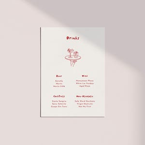 May include: A minimalist drinks menu with red text and illustrations on a white background. The menu is divided into categories: Beer, Wine, Cocktails, and Non-Alcoholic. The menu includes drink names like "Sieste Sangria" and "Virgin Mock-jito".
