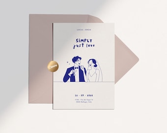 Wedding Invitation Template | Illustrated Hand-drawn Couple | RSVP & Details Set | Simply Just Love