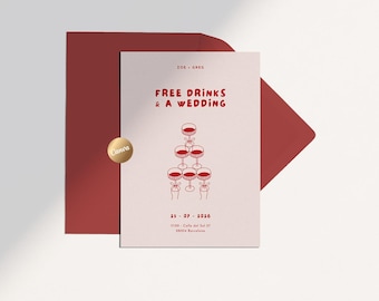 Free Drinks and a Wedding Invitation Template | Illustrated Hand-drawn | Ribbon Cocktail Tower | RSVP & Details Set