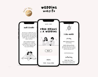 Free Drinks and a Wedding Canva Website Template | Illustrated Hand-drawn Couple | Instant RSVP