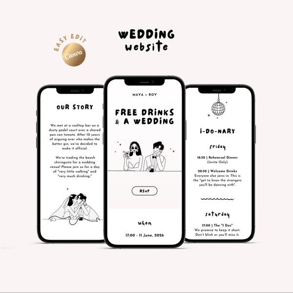 Kostenlose Getränke und eine Hochzeit Canva Website Vorlage | Illustrierte Handgezeichnetes Paar | Sofortige Antwort