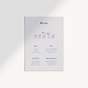 May include: A white menu card with the word "Drinks" in blue script at the top. Below are drink categories: Beer, Wine, Cocktails, and Non-Alcoholic, each with a list of options. The menu features simple blue line drawings of various drink glasses.
