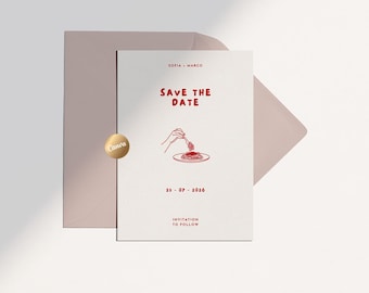 Save the Date Wedding Template | Illustrated Hand-drawn | Amore, Pasta & Italy