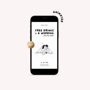 May include: A black smartphone shows a wedding invitation with the text "FREE DRINKS & A WEDDING" and a line drawing of a couple. The date is 11-06-2024, with the location in Barcelona, Spain. A gold Canva logo is visible.