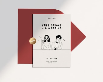 Free Drinks and a Wedding Invitation + Save the Date |  Illustrated & Hand-drawn | Canva Template Bundle