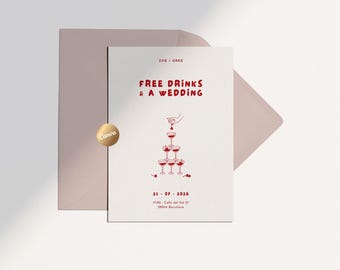 Free Drinks and a Wedding Invitation Template | Illustrated Hand-drawn | Cocktail Tower | RSVP & Details Set