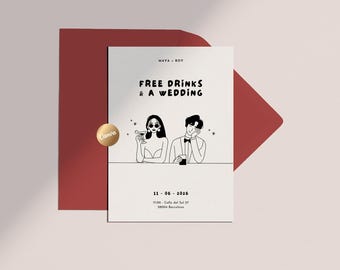 Free Drinks and a Wedding Invitation Template | Illustrated Hand-drawn Couple | RSVP & Details Set