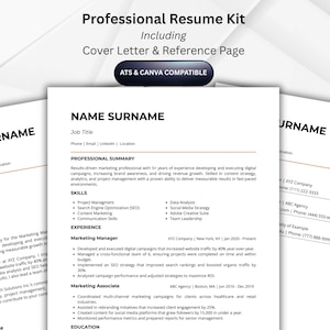 ATS Resume Template | Modern CV Template for Job Applications | Editable Canva Resume + Cover Letter + References