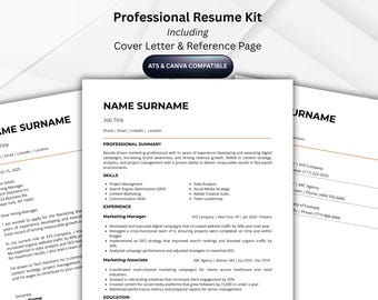 May include: Professional resume kit including cover letter and reference page. The resume template features a clean, modern design with sections for professional summary, skills, experience, and education. The template is ATS and Canva compatible.