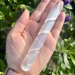 May include: A clear, spiraled selenite wand, held in a hand. The wand is translucent and has a smooth, polished appearance. The background features green foliage and purple flowers, creating a natural setting.