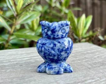 May include: A small, hand-carved owl figurine crafted from a polished blue and white mottled stone. The sculpture features defined circular eyes, a pointed beak, and folded wings, showcasing a smooth, glossy finish with natural color variations.