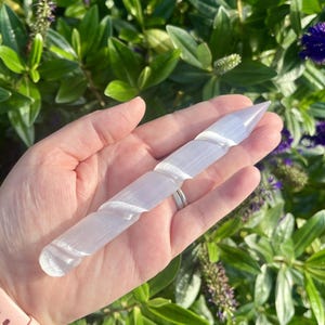 May include: A clear, light purple selenite wand with a spiral design. The wand has a pointed tip and a rounded base. The selenite wand is held in a hand against a background of green leaves and purple flowers.