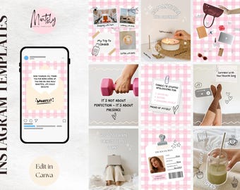Pink Gingham Instagram Templates: Girly Lifestyle Canva Post Pack