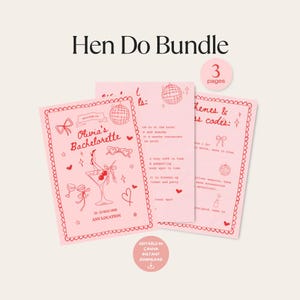 以下が含まれることがあります： ピンク色の「Hen Do Bundle」で、3ページあります。最初のページには「Olivia's Bachelorette」と書かれており、カクテル、ハート、星のイラストが描かれています。他のページにはイベントに関するテキストがあります。「Editable in Canva Instant Download」というテキストも表示されています。