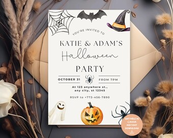 May include: Halloween party invitation with watercolor illustrations of a spider web, bat, witch hat, ghost, jack-o'-lantern, and spider. The invitation reads "Katie & Adam's Halloween Party" with the date, time, and RSVP information.
