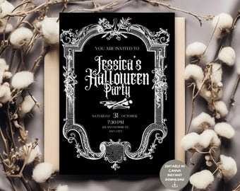 May include: Black and white Halloween party invitation with ornate frame. Text reads "Jessica's Halloween Party" with event details. Includes a small graphic of bones. The invitation is on a neutral background with cotton branches.
