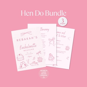 以下が含まれることがあります： 3ページのピンク色のHen Doバンドル。バンドルには、独身最後の週末の旅程と、会場と服装のガイドが含まれています。「Rebekah's Bachelorette Weekend」と「Editable in Canva」のテキストが含まれています。
