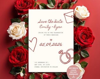 Save the Date Wedding Invitation Template | Cute Retro Editable Canva Design | Customisable Printable Announcement | Digital Download