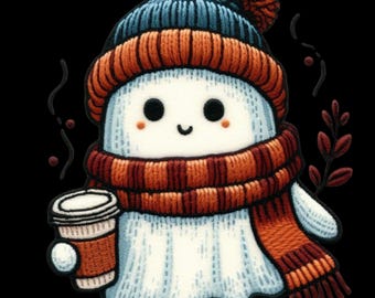 Embroidered Ghost PNG: Cozy Halloween Coffee Clipart, Fall Digital Download for Sublimation & Crafts