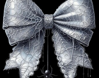 Può includere: Un fiocco argentato con intricati dettagli a ragnatela e un ragno pendente su sfondo nero. Il design del fiocco presenta delicati bordi simili a pizzo e un nodo centrale, creando un tema gotico o di Halloween.