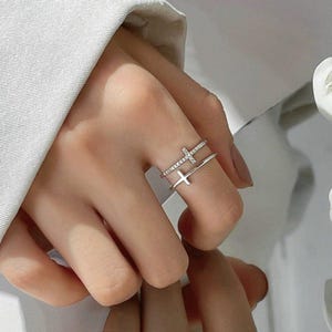 Double Layer Cross Ring with Diamond Accents – Adjustable Silver Band Jewelry