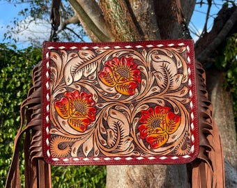 Tooled Leather Roses Crossbody Bag with Fringe