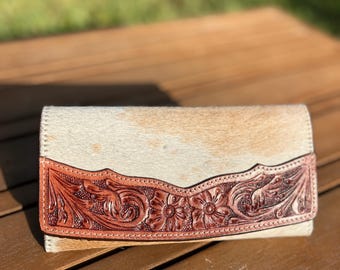 Cartera/cartera de piel de vaca repujada hecha a mano favorita de los clientes