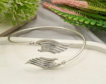 Adjustable Silver Angel Wing Bangle: Goddess Winged Jewelry
