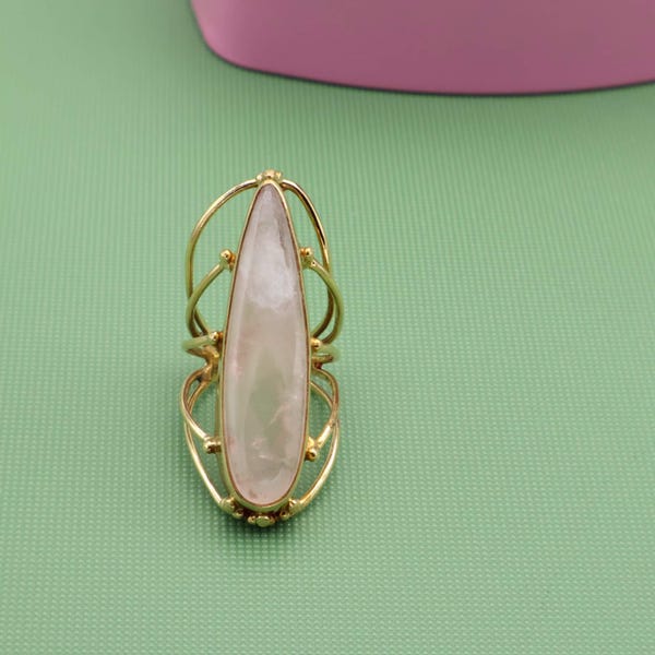 Handmade Rose Quartz Ring, Brass Boho Statement Jewelry