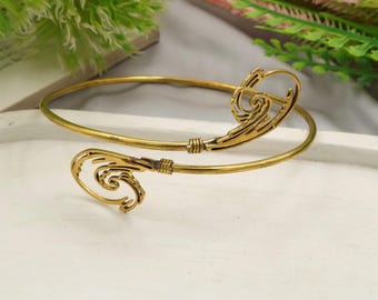 Brass Wave Arm Cuff: Adjustable Ocean Bangle