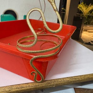 Puede incluir: Brazalete de brazo de serpiente dorado. El brazalete presenta una cabeza y un cuerpo de serpiente detallados, que se envuelven alrededor del brazo con múltiples bandas. La cabeza de la serpiente está intrincadamente diseñada, agregando un toque de elegancia a la joya.
