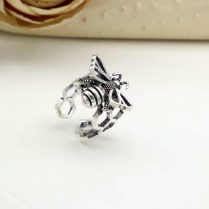 Biene und Honigwabe Einstellbarer Ring, Sterling Silber Natur-inspirierter Statement Schmuck, Halloween Geschenk Schmuck
