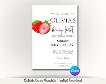 Invito di compleanno minimalista a tema fragole / Invito per la festa del primo compleanno a tema frutti di bosco / Invito a tema fragole modificabile su Canva / Semplice rosa
