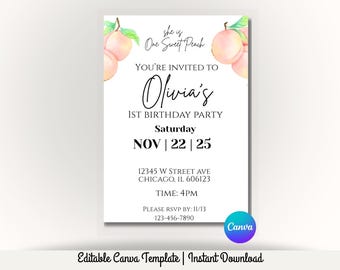 Modèle d'invitation 1er anniversaire pêche • Une invitation d'anniversaire pêche douce • Invitation toile modifiable • Invitation premier anniversaire fille