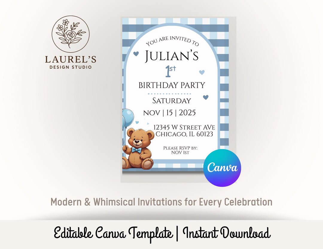 Blue Teddy Bear 1st Birthday Invitation Template | Boy First Birthday ...