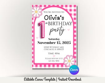 Modèle d'Invitation pour 1er anniversaire Marguerite rose, invitation à une fête vichy premier anniversaire fille, téléchargement immédiat sur toile modifiable