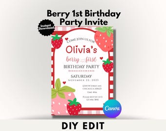 Berry First Birthday Invitation Template | Strawberry 1st Birthday Party Invite | Editable Canva Berry First Party Invitation | Strawberry