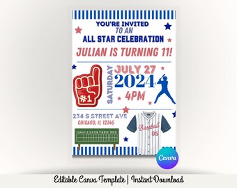 Baseball Birthday Invitation Template, All Star Birthday Invite, Sports Birthday Party Invitation, Editable Canva Invite for Boys