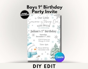 Winter Snowman Birthday Invitation Template | Frosty Birthday Party Invite | Editable Canva Winter Birthday Invitation | Snow Party