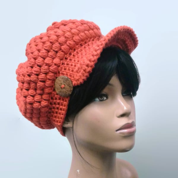 PATTERN ONLY Crochet Puff Stitch Beanie/Newsboy Hat with optional brim and button