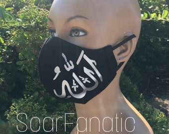 100% Cotton Allah Symbol Arabic Caligraphy Face Mask/Black and Silver/ MADE IN USA/ Islamic Religious