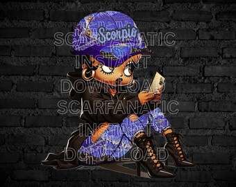 Black Betty Boop in Purple denim Scorpio hat, Purple Scorpio jeans, Brown hoodie, brown heels, Instant Download PNG, not a physical item