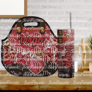 May include: A red and white Virgo-themed lunch bag and tumbler set. The lunch bag has a black handle and trim, with the word "Virgo" and the Virgo symbol. The tumbler has a silver straw.