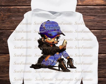 Aquarius African American Betty Boop in Purple denim jeans, ball cap, brown hoodie, high heels, Instant Download PNG, not a physical item