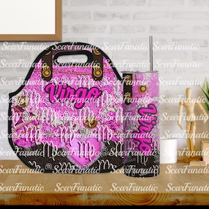 May include: A pink and brown lunch bag and tumbler set. The set features a denim-like pattern with the word "Virgo" and the Virgo zodiac symbol. The lunch bag has a handle and the tumbler includes a silver straw.