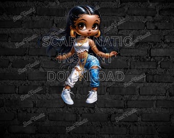 Betty Boop in Blue and White stonewash Jeans, white cutoff shirt, white sneakers, brown eyes, OOAK, Sublimation, PNG, DTF, high resolution