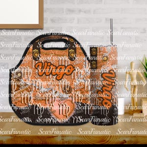May include: An orange and brown lunch bag and tumbler set. The set features the word "Virgo" in orange script, along with Virgo zodiac symbols. The design is printed on a denim-like background.