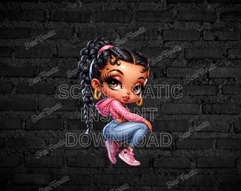 Latina Betty Boop in Pink hoodie, blue jeans, pink sneakers, ponytail, gold hoop earrings, Sublimation, PNG, DTF, 300DPI, high resolution,