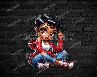 Black Betty Boop in red hoodie, ripped blue jeans, high top canvas sneakers, Sublimation, PNG, DTF, high resolution, African American